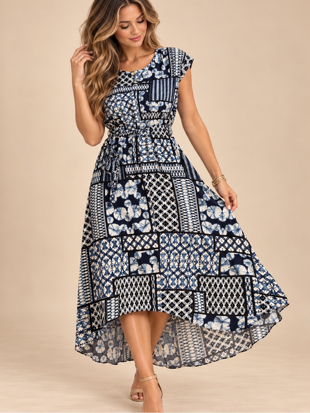 Westport 1962 Blue White Patchwork Maxi Dress Large Coastal Resort Boho
